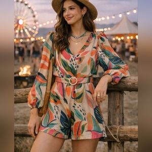 ---🌺 EUC TCEC Tropical Print Long-Sleeve Belted Romper – Size Large
